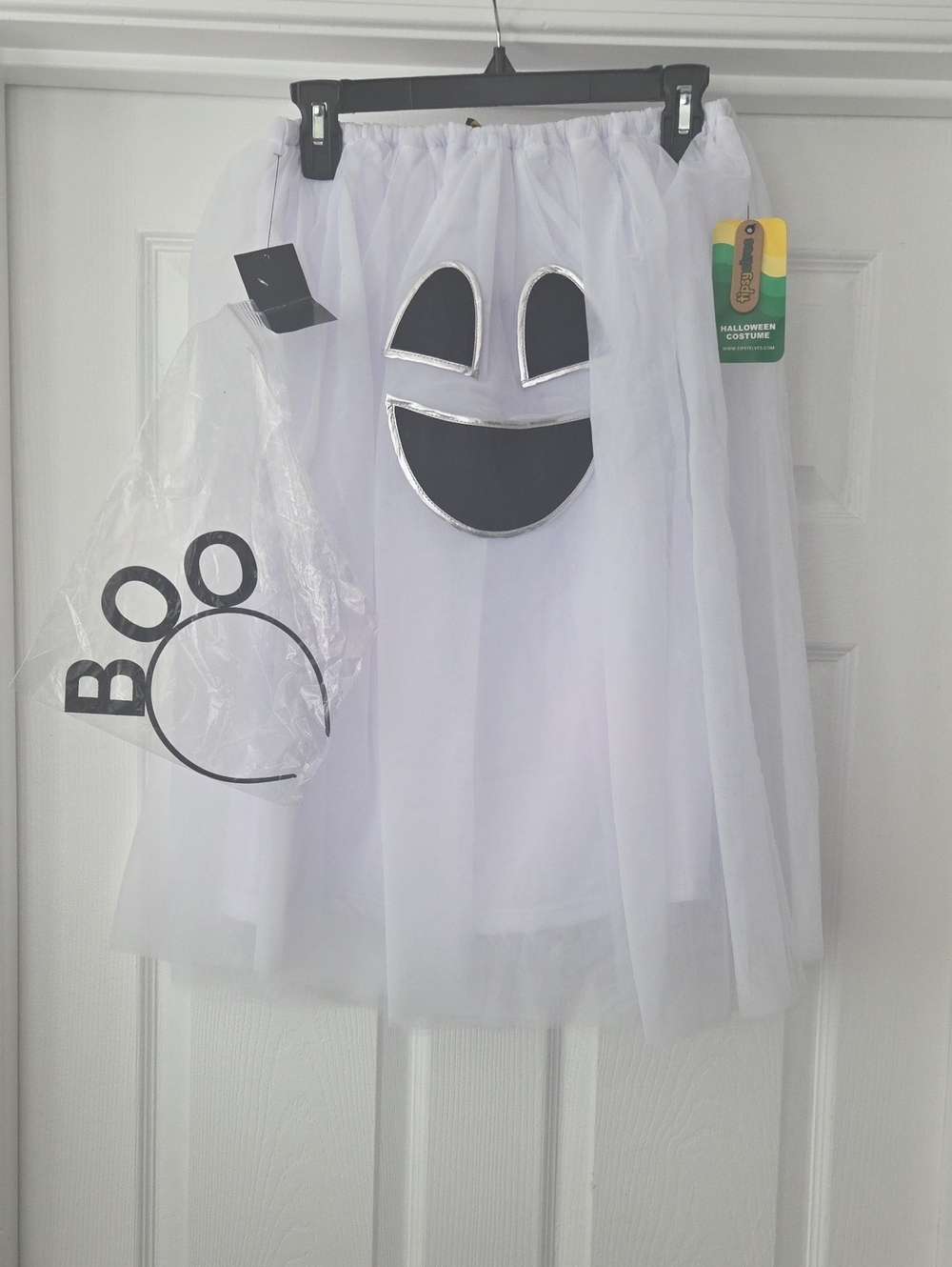 NWT White Adult Ghost Mini Dress Costume with Happy Face and BOO Headband